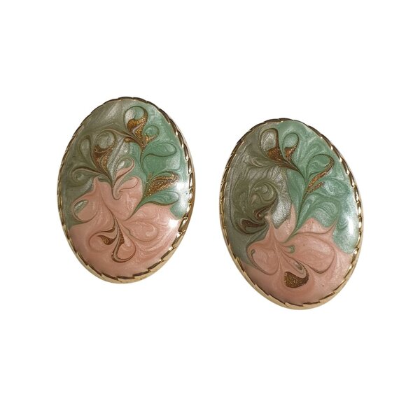 Vintage Gold-Tone Clip-On Earrings With Swirled Green & Peach Enamel Design - Picture 1 of 4